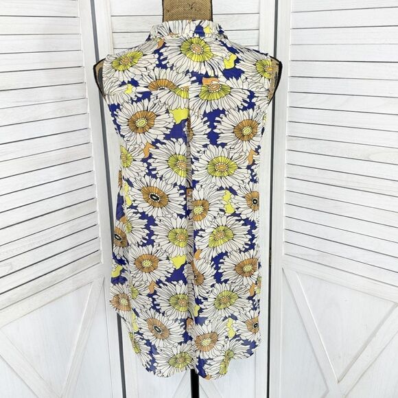 H&M Floral Chiffon Sleeveless Button Front Tunic Shirt Blue Cream Size 6 - Picture 3 of 10